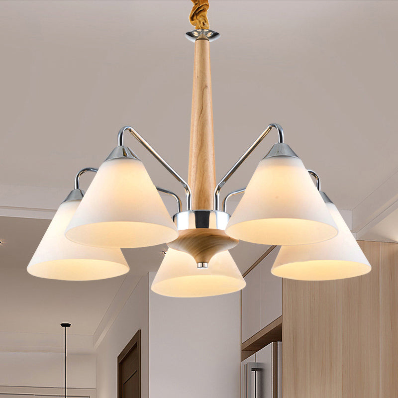 Chrome and Wood Conical Chandelier Modern 3/5 Lights Frosted Glass Hanging Ceiling Lamp 5 Chrome Clearhalo 'Carpenter Chandeliers' 'Ceiling Lights' 'Chandeliers' 'Industrial' 'Modern Chandeliers' 'Modern' Lighting' 735380