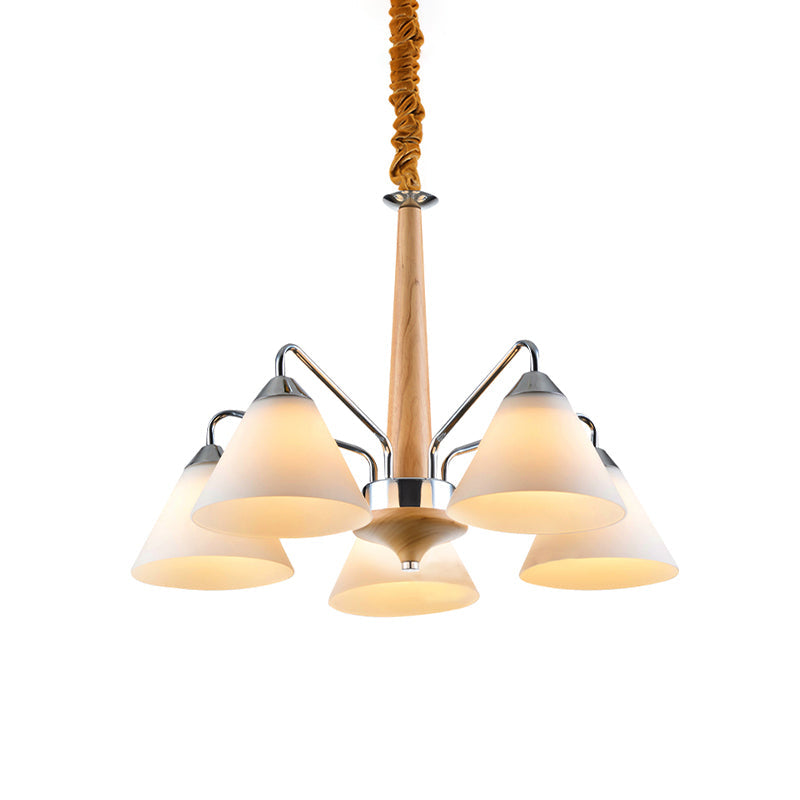 Chrome and Wood Conical Chandelier Modern 3/5 Lights Frosted Glass Hanging Ceiling Lamp Clearhalo 'Carpenter Chandeliers' 'Ceiling Lights' 'Chandeliers' 'Industrial' 'Modern Chandeliers' 'Modern' Lighting' 735383