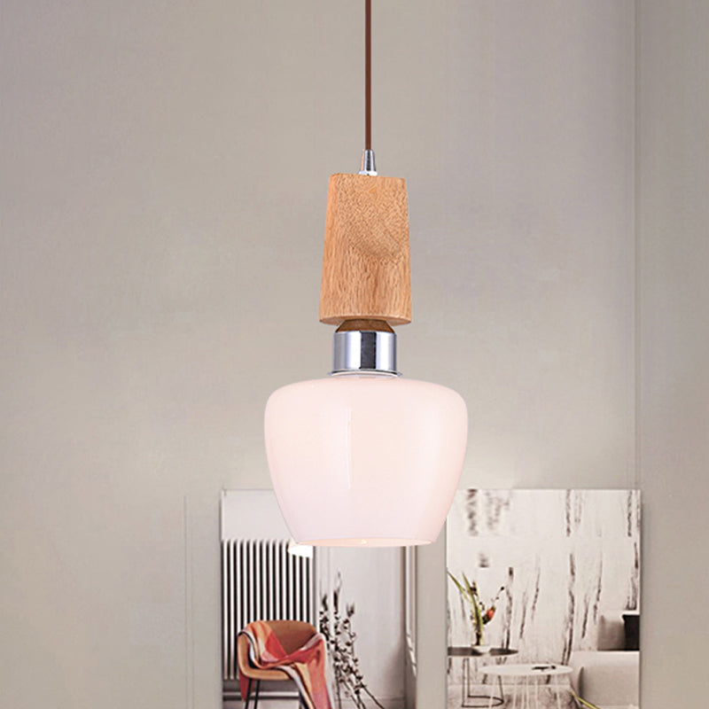 Chrome Tulip Pendant Vintage 1-Light Frosted White Glass Hanging Lighting with Wood Top Clearhalo 'Ceiling Lights' 'Glass shade' 'Glass' 'Modern Pendants' 'Modern' 'Pendant Lights' 'Pendants' Lighting' 735510