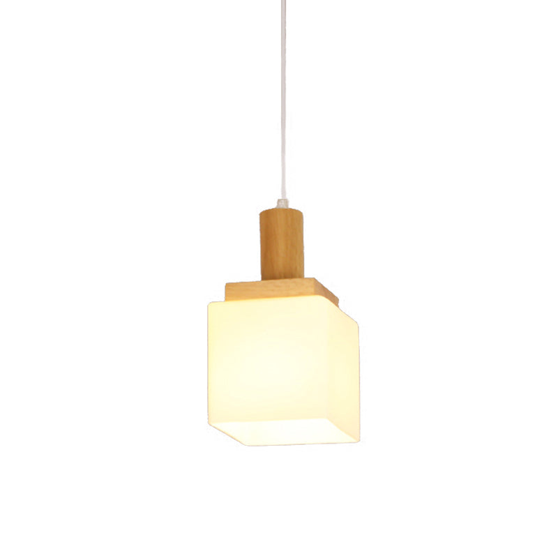 Cube Cream Glass Pendant Lighting Modern Asia 1-Head Wood Hanging Ceiling Lamp for Foyer Clearhalo 'Ceiling Lights' 'Glass shade' 'Glass' 'Modern Pendants' 'Modern' 'Pendant Lights' 'Pendants' Lighting' 735531