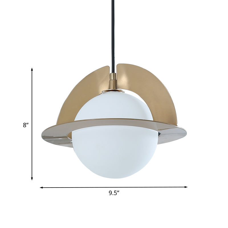 Cream Glass Sphere Suspension Light Post Modern 1-Light Pendant Lamp with Gold Panel Detail Clearhalo 'Ceiling Lights' 'Glass shade' 'Glass' 'Modern Pendants' 'Modern' 'Pendant Lights' 'Pendants' Lighting' 735536