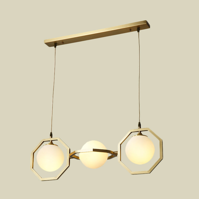 White Frosted Glass Orb Island Light Fixture Modernist 3-Light Ceiling Pendant Lamp with Gold Octagon Frame Clearhalo 'Ceiling Lights' 'Close To Ceiling Lights' 'Glass shade' 'Glass' 'Island Lights' Lighting' 735554