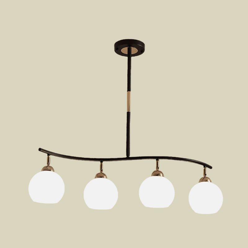 Waving Linear Chandelier Modern Metal 4-Head Black Hanging Light Fixture with Sphere Opal Glass Shade Clearhalo 'Ceiling Lights' 'Chandeliers' 'Modern Chandeliers' 'Modern' Lighting' 735558