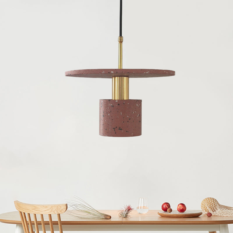 Round Plate and Cylinder Hanging Light Nordic Terrazzo 1-Light Coffee House Pendant Lamp in White/Black/Pink Pink Clearhalo 'Ceiling Lights' 'Modern Pendants' 'Modern' 'Pendant Lights' 'Pendants' Lighting' 735595