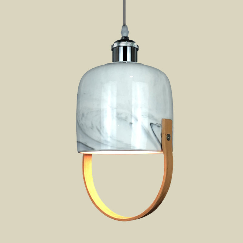 White Cup Shaped Drop Ceiling Light Modernist 1 Head Ceramics Pendant Lamp Fixture with Wood Handle Clearhalo 'Ceiling Lights' 'Modern Pendants' 'Modern' 'Pendant Lights' 'Pendants' Lighting' 735624