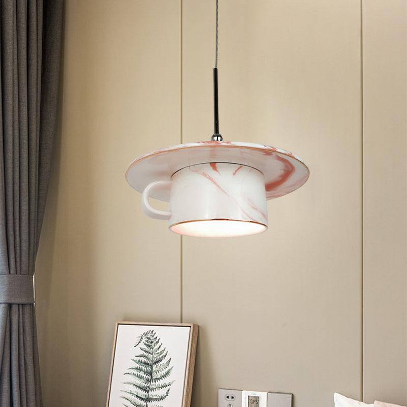 Pink Coffee Cup Pendant Ceiling Light Nordic 1-Bulb Ceramics LED Suspension Lamp for Restaurant Pink Clearhalo 'Ceiling Lights' 'Modern Pendants' 'Modern' 'Pendant Lights' 'Pendants' Lighting' 735634