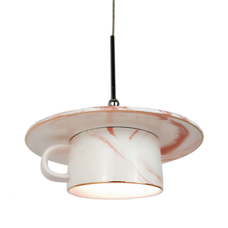 Pink Coffee Cup Pendant Ceiling Light Nordic 1-Bulb Ceramics LED Suspension Lamp for Restaurant Clearhalo 'Ceiling Lights' 'Modern Pendants' 'Modern' 'Pendant Lights' 'Pendants' Lighting' 735635