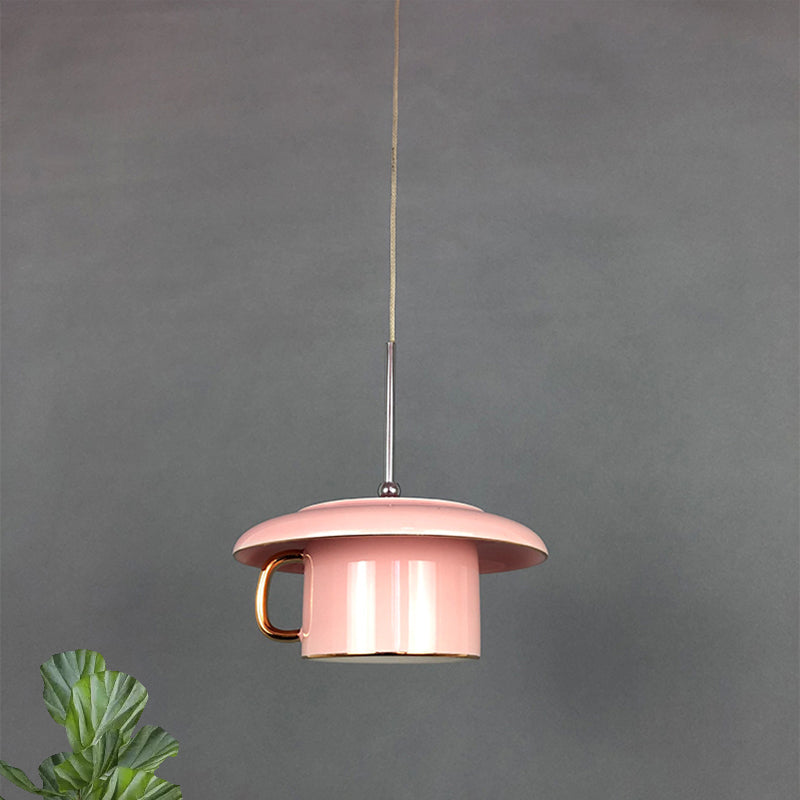 Macaron Coffee-Cup Shape Down Lighting Ceramics 1 Bulb Living Room LED Suspension Lamp in White/Pink/Grey Pink Clearhalo 'Ceiling Lights' 'Modern Pendants' 'Modern' 'Pendant Lights' 'Pendants' Lighting' 735684