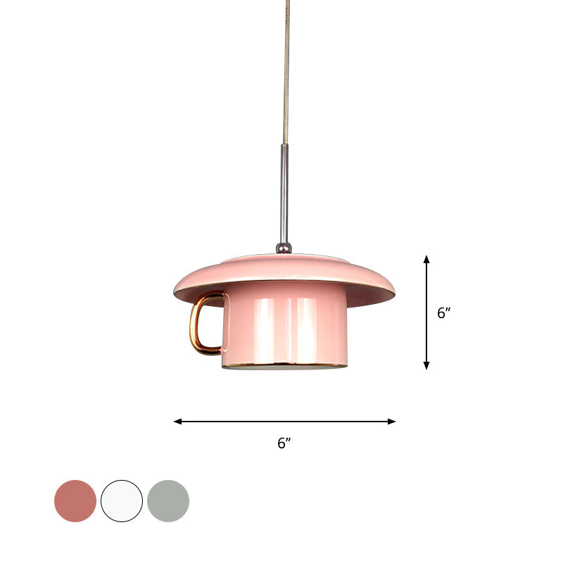 Macaron Coffee-Cup Shape Down Lighting Ceramics 1 Bulb Living Room LED Suspension Lamp in White/Pink/Grey Clearhalo 'Ceiling Lights' 'Modern Pendants' 'Modern' 'Pendant Lights' 'Pendants' Lighting' 735687