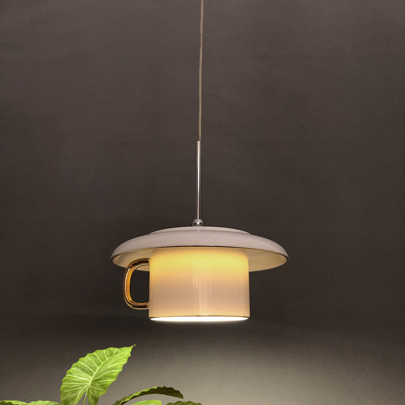 Macaron Coffee-Cup Shape Down Lighting Ceramics 1 Bulb Living Room LED Suspension Lamp in White/Pink/Grey White Clearhalo 'Ceiling Lights' 'Modern Pendants' 'Modern' 'Pendant Lights' 'Pendants' Lighting' 735688