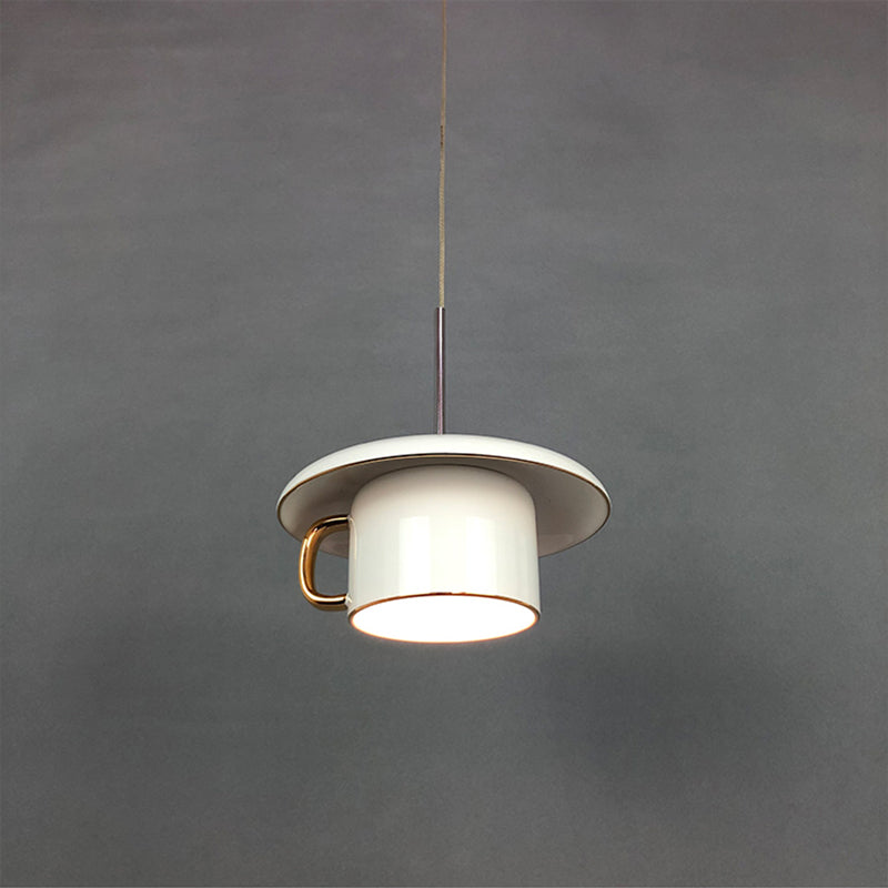 Macaron Coffee-Cup Shape Down Lighting Ceramics 1 Bulb Living Room LED Suspension Lamp in White/Pink/Grey Clearhalo 'Ceiling Lights' 'Modern Pendants' 'Modern' 'Pendant Lights' 'Pendants' Lighting' 735691