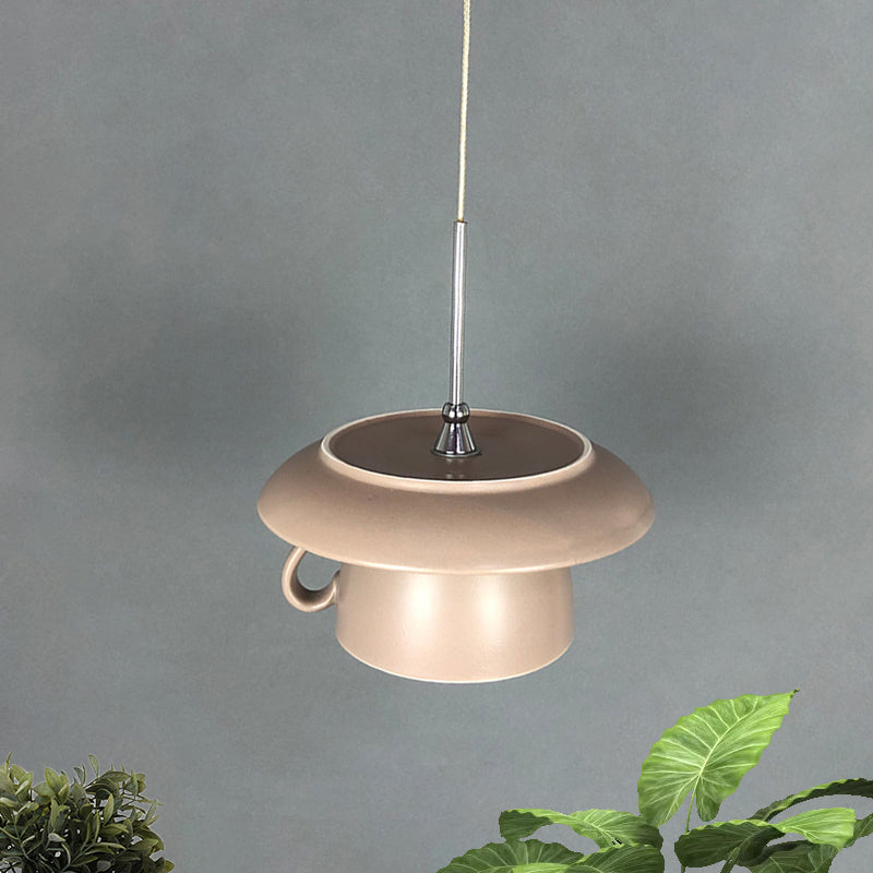 1-Light Restaurant Hanging Lighting Macaron Pink/Grey/Green LED Drop Pendant Lamp with Coffee Cup Ceramics Shade Grey Clearhalo 'Ceiling Lights' 'Modern Pendants' 'Modern' 'Pendant Lights' 'Pendants' Lighting' 735700