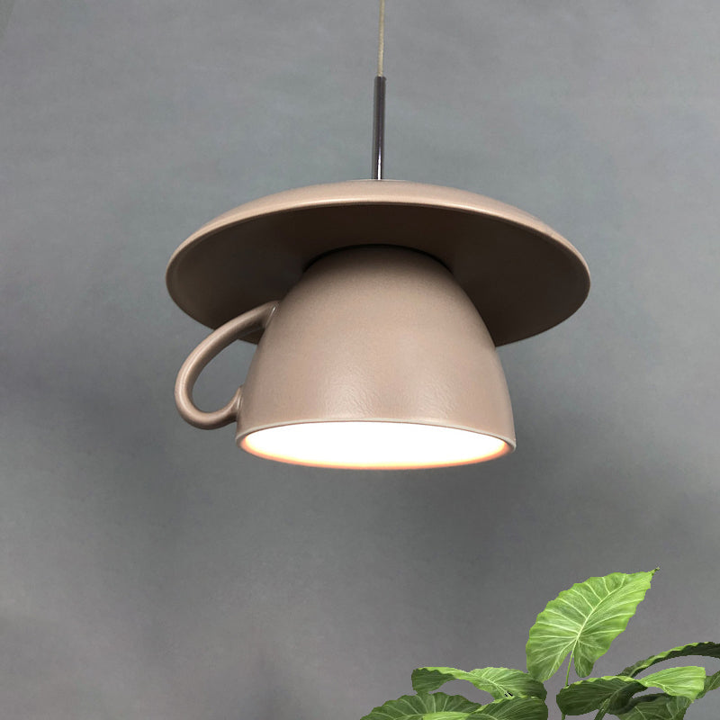 1-Light Restaurant Hanging Lighting Macaron Pink/Grey/Green LED Drop Pendant Lamp with Coffee Cup Ceramics Shade Clearhalo 'Ceiling Lights' 'Modern Pendants' 'Modern' 'Pendant Lights' 'Pendants' Lighting' 735701