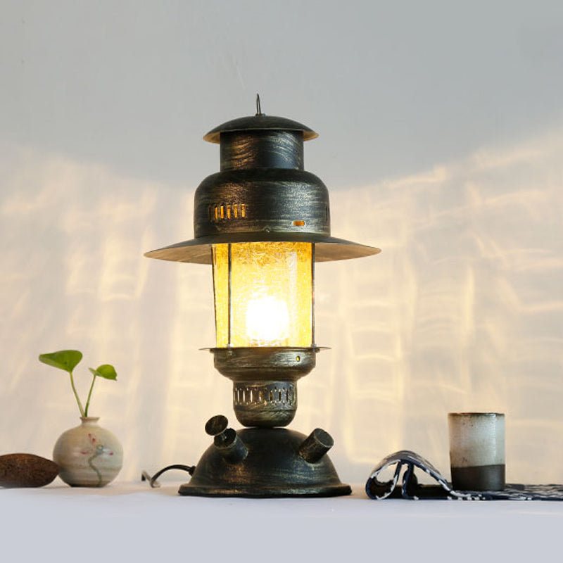 Brass Kerosene Desk Light Coastal Yellow Crackle Glass 1-Light Bedroom Metal Table Lighting Clearhalo 'Lamps' 'Table Lamps' Lighting' 736128