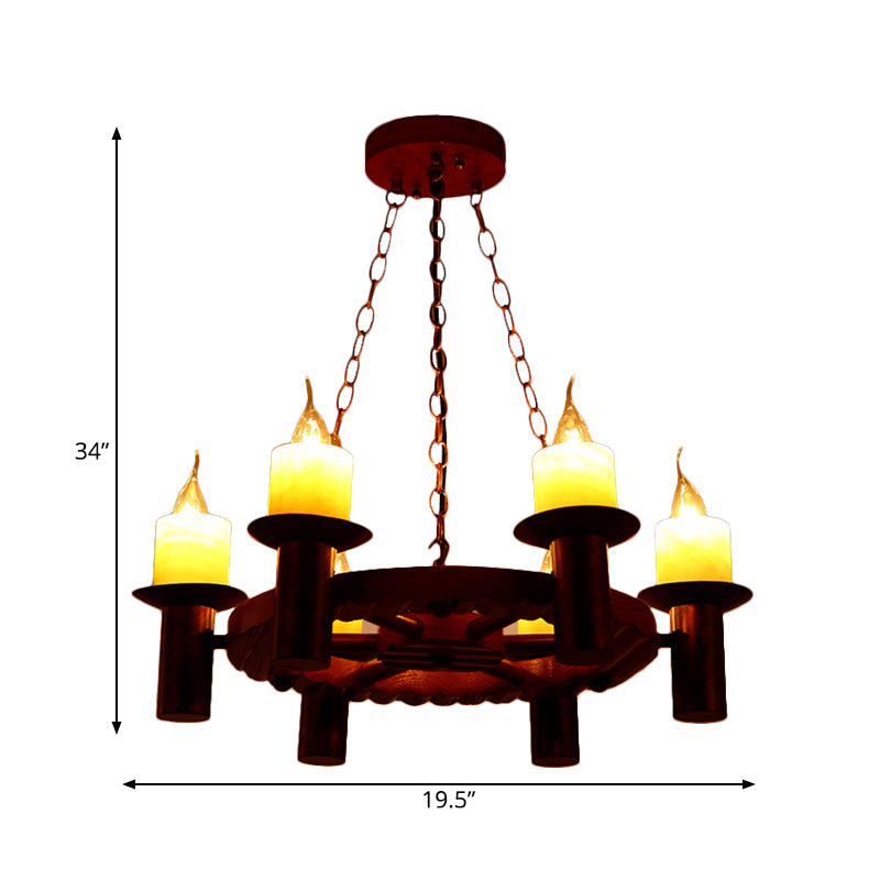 Wood Wheel Pendant Chandelier Farmhouse 6 Heads Living Room Hanging Light Kit in Brown with Candle Design Clearhalo 'Cast Iron' 'Ceiling Lights' 'Chandeliers' 'Industrial Chandeliers' 'Industrial' 'Metal' 'Middle Century Chandeliers' 'Rustic Chandeliers' 'Tiffany' Lighting' 736146