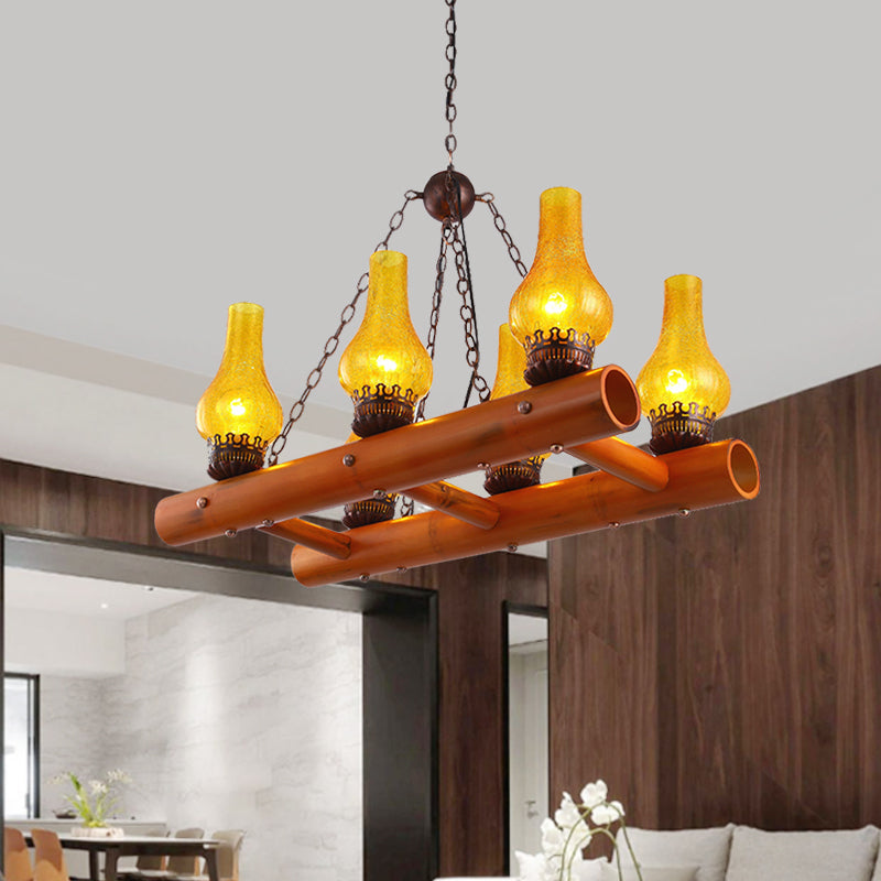 Vase Restaurant Island Lamp Vintage Yellow Crackle Glass 6 Heads Brown Pendant Light Fixture with Bamboo Ladder Design Yellow Clearhalo 'Ceiling Lights' 'Glass shade' 'Glass' 'Island Lights' 'Pendant Lights' Lighting' 736155