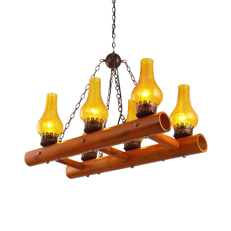 Vase Restaurant Island Lamp Vintage Yellow Crackle Glass 6 Heads Brown Pendant Light Fixture with Bamboo Ladder Design Clearhalo 'Ceiling Lights' 'Glass shade' 'Glass' 'Island Lights' 'Pendant Lights' Lighting' 736157