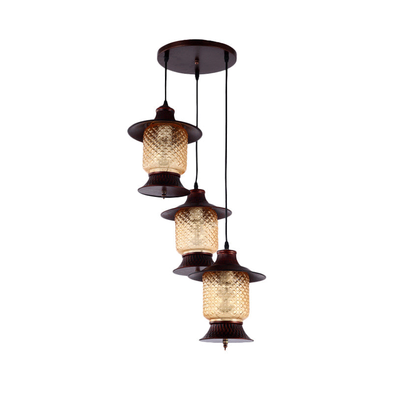 Yellow Grid Glass Copper Hanging Lamp Kerosene 3-Head Industrial Cluster Pendant Light Clearhalo 'Art Deco Pendants' 'Cast Iron' 'Ceiling Lights' 'Ceramic' 'Crystal' 'Industrial Pendants' 'Industrial' 'Metal' 'Middle Century Pendants' 'Pendant Lights' 'Pendants' 'Tiffany' Lighting' 736189