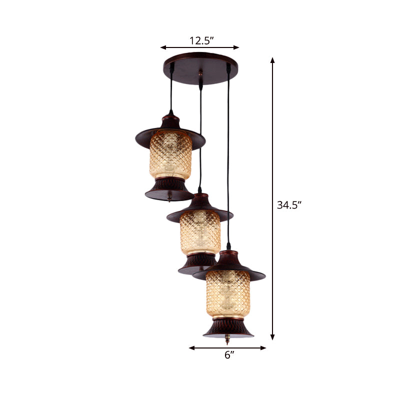 Yellow Grid Glass Copper Hanging Lamp Kerosene 3-Head Industrial Cluster Pendant Light Clearhalo 'Art Deco Pendants' 'Cast Iron' 'Ceiling Lights' 'Ceramic' 'Crystal' 'Industrial Pendants' 'Industrial' 'Metal' 'Middle Century Pendants' 'Pendant Lights' 'Pendants' 'Tiffany' Lighting' 736191