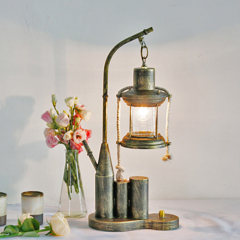 Kerosene Clear Glass Table Lighting Warehouse 1 Light Indoor Desk Light in Brass with Metal Base Brass Clearhalo 'Lamps' 'Table Lamps' Lighting' 736291