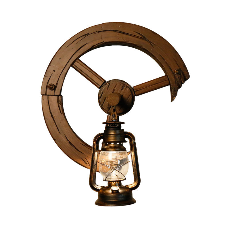 Clear Glass Kerosene Sconce Coastal 1 Light Bedroom Wall Mount Light Fixture in Brass with Wood Backplate Clearhalo 'Art deco wall lights' 'Cast Iron' 'Glass' 'Industrial wall lights' 'Industrial' 'Middle century wall lights' 'Modern' 'Rustic wall lights' 'Tiffany' 'Traditional wall lights' 'Wall Lamps & Sconces' 'Wall Lights' Lighting' 736377