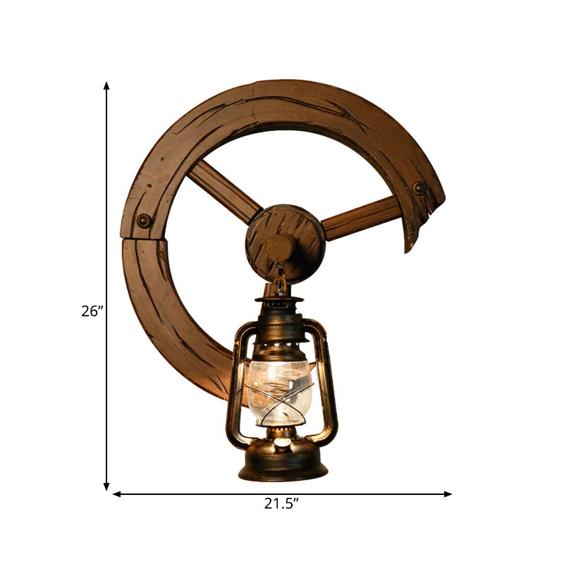 Clear Glass Kerosene Sconce Coastal 1 Light Bedroom Wall Mount Light Fixture in Brass with Wood Backplate Clearhalo 'Art deco wall lights' 'Cast Iron' 'Glass' 'Industrial wall lights' 'Industrial' 'Middle century wall lights' 'Modern' 'Rustic wall lights' 'Tiffany' 'Traditional wall lights' 'Wall Lamps & Sconces' 'Wall Lights' Lighting' 736378