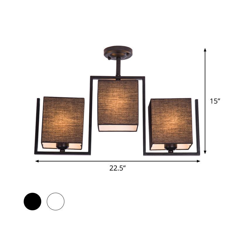 White/Black Cuboid Semi Flush Light Fixture Modernist 3 Bulbs Fabric Ceiling Mounted Lamp Clearhalo 'Ceiling Lights' 'Close To Ceiling Lights' 'Close to ceiling' 'Semi-flushmount' Lighting' 736479