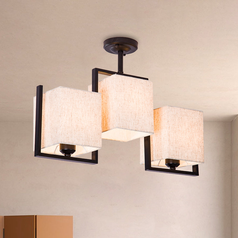 White/Black Cuboid Semi Flush Light Fixture Modernist 3 Bulbs Fabric Ceiling Mounted Lamp White Clearhalo 'Ceiling Lights' 'Close To Ceiling Lights' 'Close to ceiling' 'Semi-flushmount' Lighting' 736480