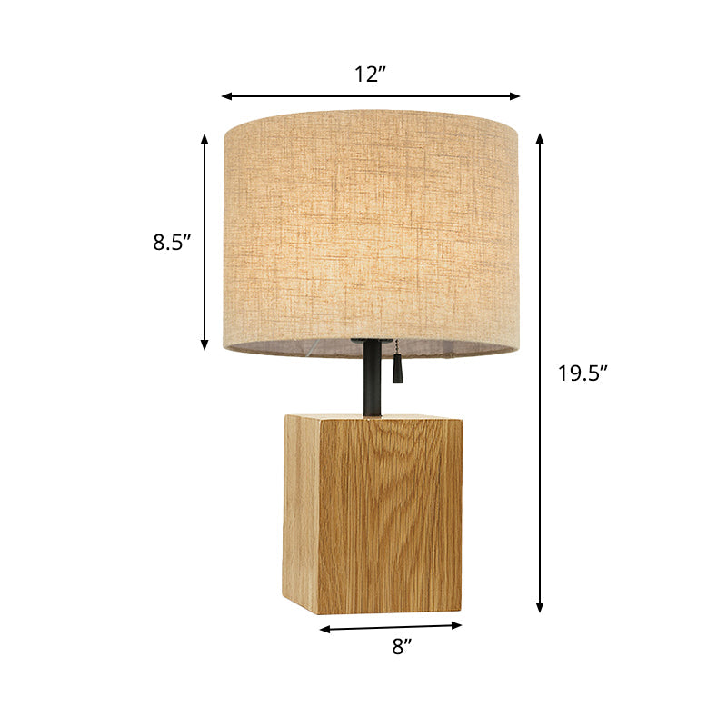 Cuboid Bedroom Night Light Wood 1 Light Minimalism Fabric Table Lamp with Pull Chain Clearhalo 'Lamps' 'Table Lamps' Lighting' 736544