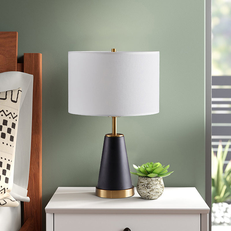 Drum Table Light Modernist Fabric 1 Head White Nightstand Lamp with Black Cone Base White Clearhalo 'Lamps' 'Table Lamps' Lighting' 736545