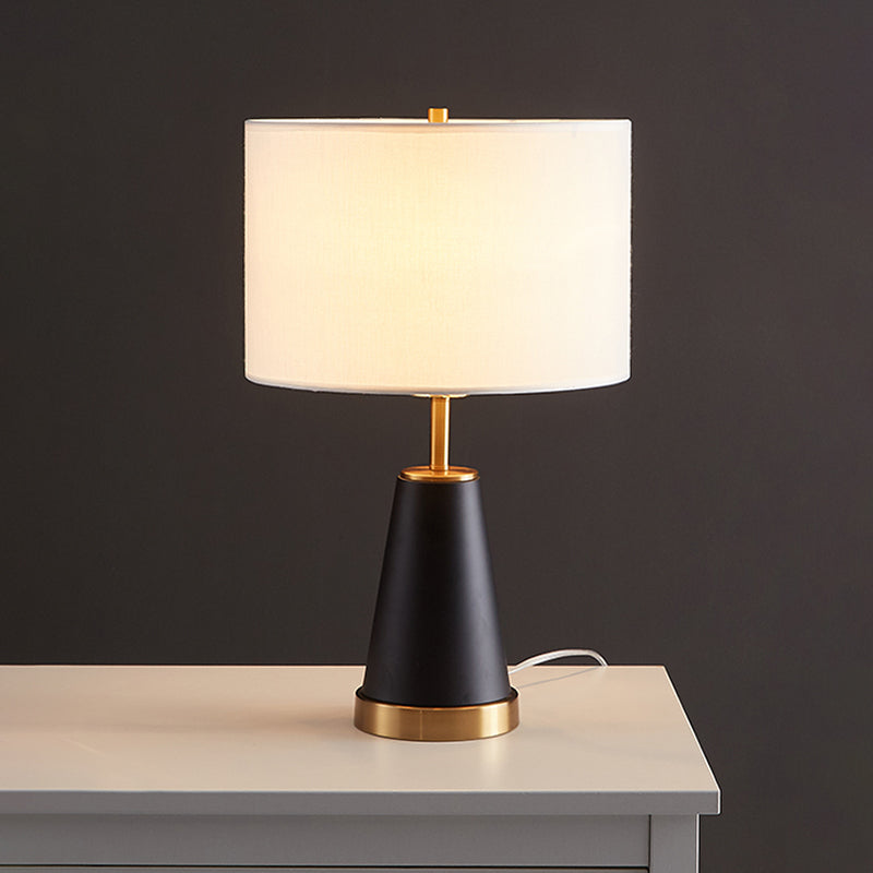 Drum Table Light Modernist Fabric 1 Head White Nightstand Lamp with Black Cone Base Clearhalo 'Lamps' 'Table Lamps' Lighting' 736546