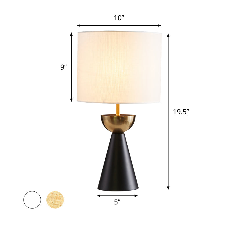 Cylinder Fabric Night Table Light Modern 1 Bulb White/Flaxen Nightstand Lamp with Black Cone Base Clearhalo 'Lamps' 'Table Lamps' Lighting' 736552