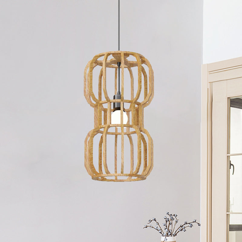 Wood Dumbbell Frame Pendant Light Asian 1 Head Beige Hanging Lamp Kit for Restaurant Clearhalo 'Ceiling Lights' 'Pendant Lights' 'Pendants' Lighting' 736606