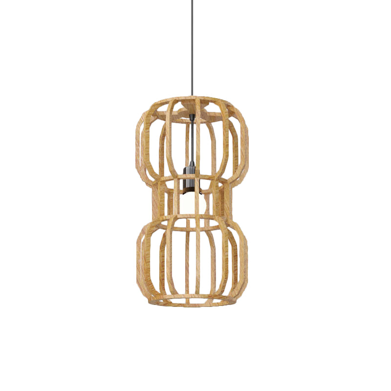 Wood Dumbbell Frame Pendant Light Asian 1 Head Beige Hanging Lamp Kit for Restaurant Clearhalo 'Ceiling Lights' 'Pendant Lights' 'Pendants' Lighting' 736607