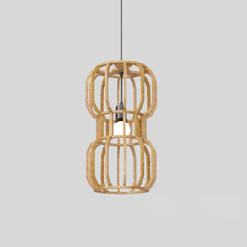 Wood Dumbbell Frame Pendant Light Asian 1 Head Beige Hanging Lamp Kit for Restaurant Clearhalo 'Ceiling Lights' 'Pendant Lights' 'Pendants' Lighting' 736608