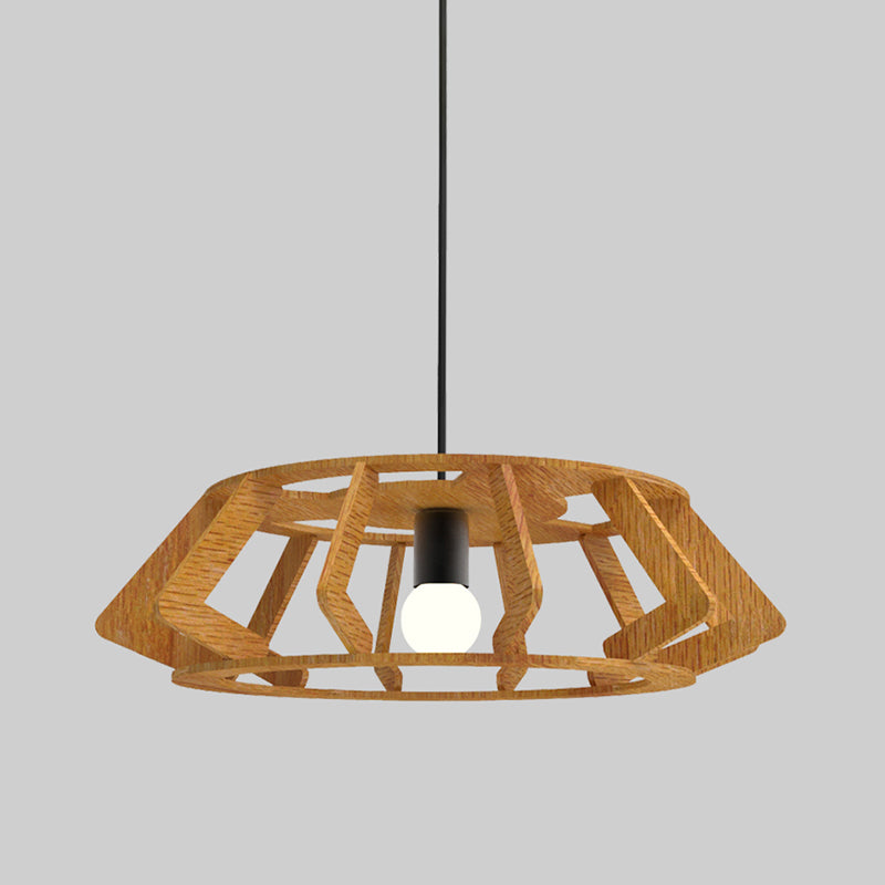 Asian Drum Frame Pendant Light Fixture Wood 1-Light Study Room Hanging Ceiling Lamp Clearhalo 'Ceiling Lights' 'Pendant Lights' 'Pendants' Lighting' 736616