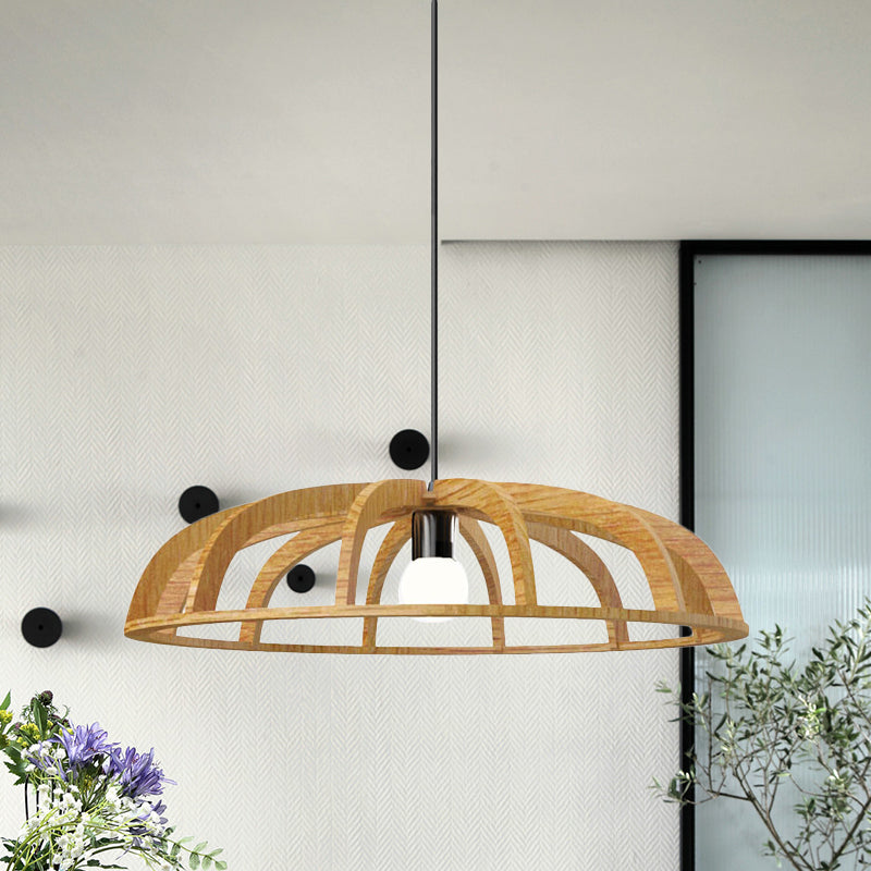 Flat Bowl Frame Hallway Suspension Light Wood 1 Bulb Asian Style Beige Ceiling Pendant Light Wood Clearhalo 'Ceiling Lights' 'Pendant Lights' 'Pendants' Lighting' 736618_d765d1c8-026e-42bd-9f03-88a613017cd4