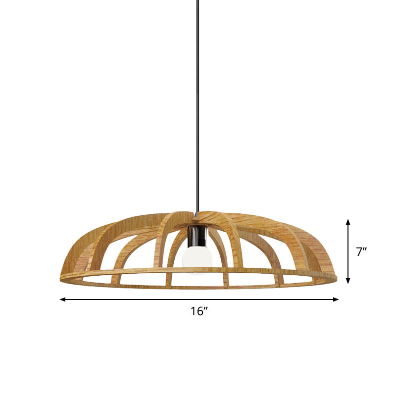 Flat Bowl Frame Hallway Suspension Light Wood 1 Bulb Asian Style Beige Ceiling Pendant Light Clearhalo 'Ceiling Lights' 'Pendant Lights' 'Pendants' Lighting' 736621