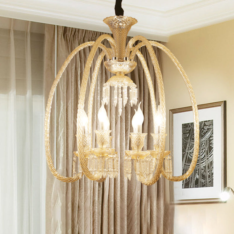 6/8 Heads Hanging Chandelier Antique Living Room Pendant with Curving Cognac Glass Arm and Clear Crystal Drop Clearhalo 'Ceiling Lights' 'Chandeliers' Lighting' options 736805