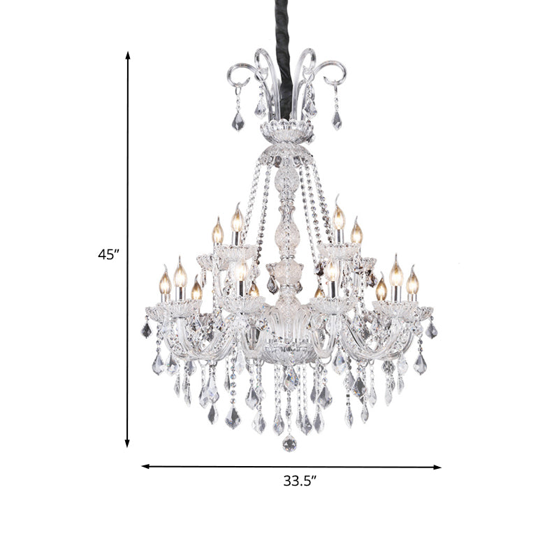 Clear Glass Candelabra Chandelier Lamp Retro 15 Bulbs Living Room Suspension Light with Crystal Drop Clearhalo 'Ceiling Lights' 'Chandeliers' Lighting' options 736823