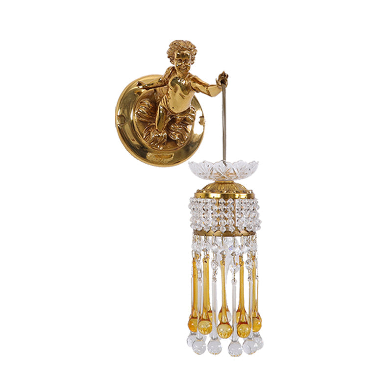 Teardrop Living Room Wall Lamp Traditionalist Clear and Amber Glass 1 Bulb Brass Wall Light with Crystal and Angel Design Clearhalo 'Wall Lamps & Sconces' 'Wall Lights' Lighting' 736896