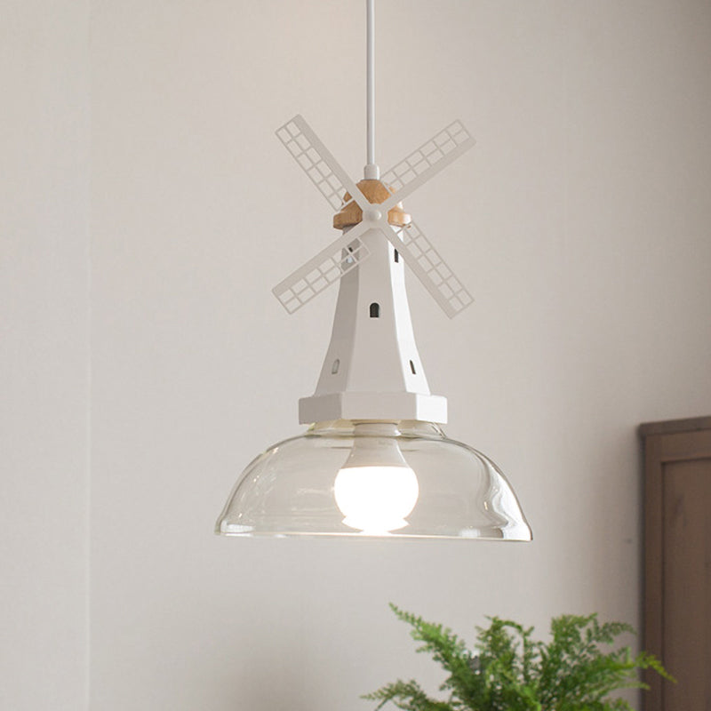 Windmill Ceiling Lighting Designer 1 Head Iron White/Black Hanging Lamp Fixture with Bowl Clear Glass Shade White Clearhalo 'Ceiling Lights' 'Glass shade' 'Glass' 'Modern Pendants' 'Modern' 'Pendant Lights' 'Pendants' Lighting' 736981