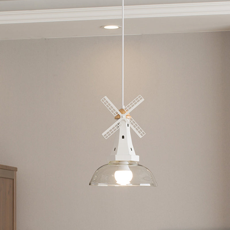 Windmill Ceiling Lighting Designer 1 Head Iron White/Black Hanging Lamp Fixture with Bowl Clear Glass Shade Clearhalo 'Ceiling Lights' 'Glass shade' 'Glass' 'Modern Pendants' 'Modern' 'Pendant Lights' 'Pendants' Lighting' 736982