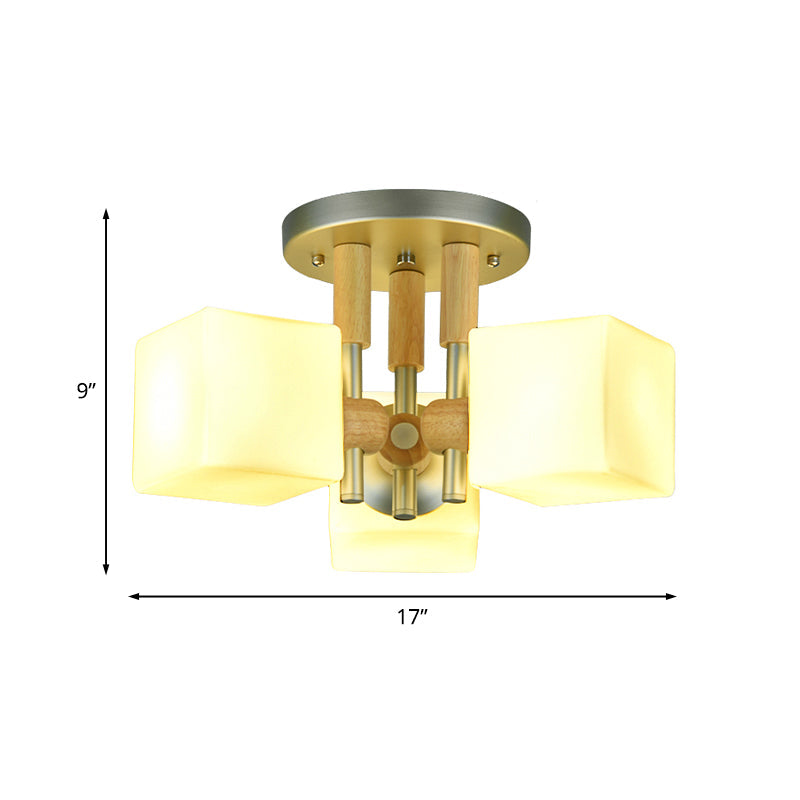 Cube White Glass Semi Flush Light Fixture Modern 3-Light Wood Ceiling Mounted Lamp Clearhalo 'Ceiling Lights' 'Close To Ceiling Lights' 'Close to ceiling' 'Glass shade' 'Glass' 'Semi-flushmount' Lighting' 737049