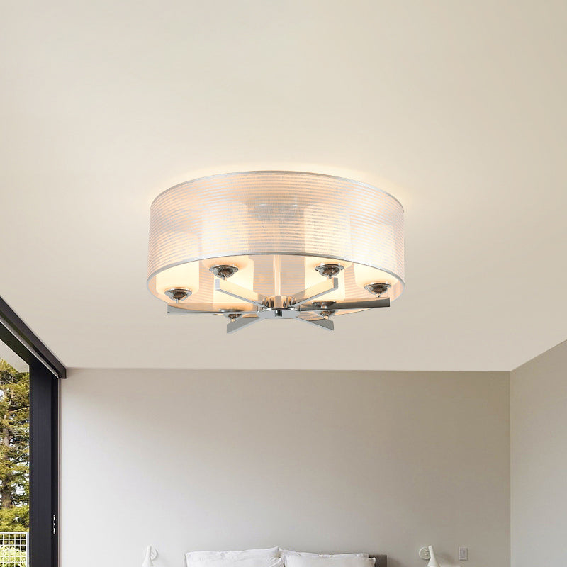 Drum Semi Flush Mount Lighting Minimalist White Glass 6 Lights Chrome Flush Lamp Fixture with Tube Shade Clearhalo 'Ceiling Lights' 'Close To Ceiling Lights' 'Close to ceiling' 'Glass shade' 'Glass' 'Semi-flushmount' Lighting' 737076