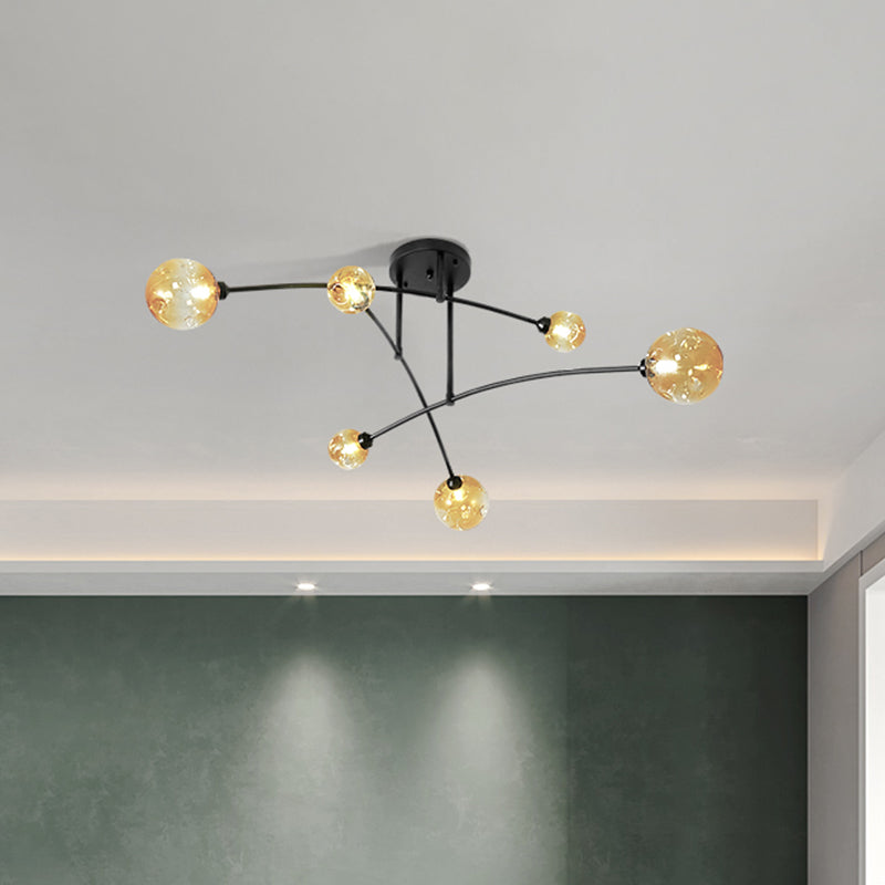 Amber Glass Modo Semi Flush Lighting Minimalism 6 Heads Black Arced Close to Ceiling Lamp Amber Clearhalo 'Ceiling Lights' 'Close To Ceiling Lights' 'Close to ceiling' 'Glass shade' 'Glass' 'Semi-flushmount' Lighting' 737079