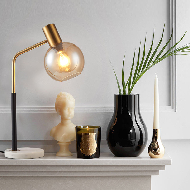 Globe Reading Book Light Post Modern White/Amber Glass 1-Head Black and Gold Table Lamp with Marble Base Clearhalo 'Lamps' 'Table Lamps' Lighting' 737136
