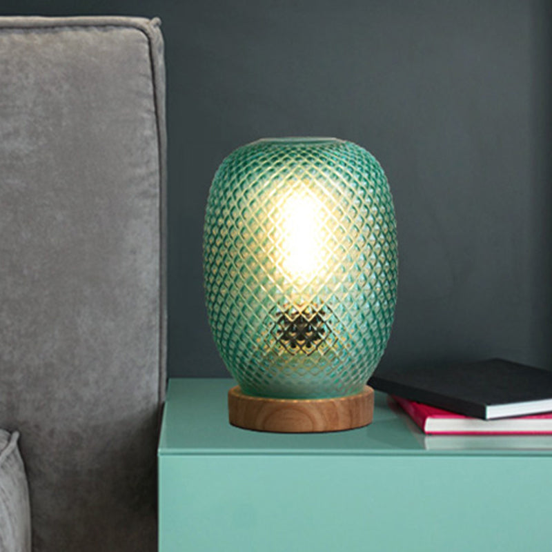 Designer Pineapple Night Table Light Green Glass 1 Bulb Bedside Reading Lamp with Wood Base Green Clearhalo 'Lamps' 'Table Lamps' Lighting' 737151