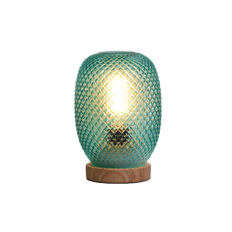 Designer Pineapple Night Table Light Green Glass 1 Bulb Bedside Reading Lamp with Wood Base Clearhalo 'Lamps' 'Table Lamps' Lighting' 737153