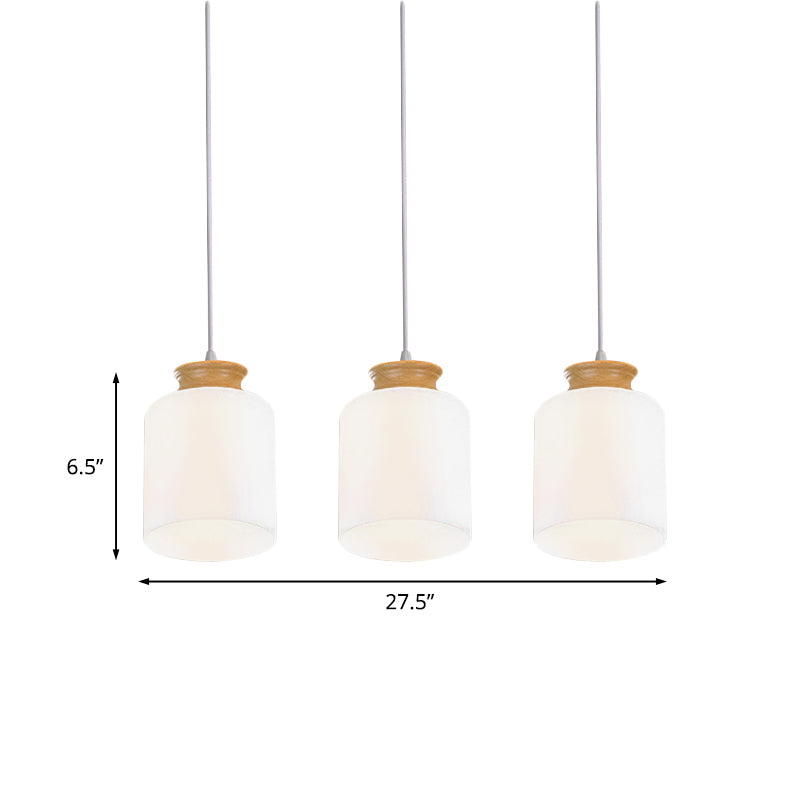 Cylinder Multi Light Chandelier Modern White Glass 3 Heads Wood Suspension Lamp with Round/Linear Canopy Clearhalo 'Ceiling Lights' 'Glass shade' 'Glass' 'Modern Pendants' 'Modern' 'Pendant Lights' 'Pendants' Lighting' 737162